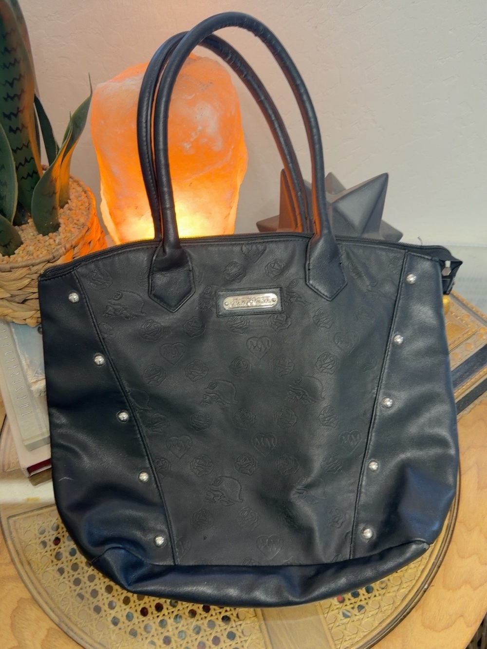 Metal Mulisha Black Embossed Rose Studded Tote Bag Y2K Goth